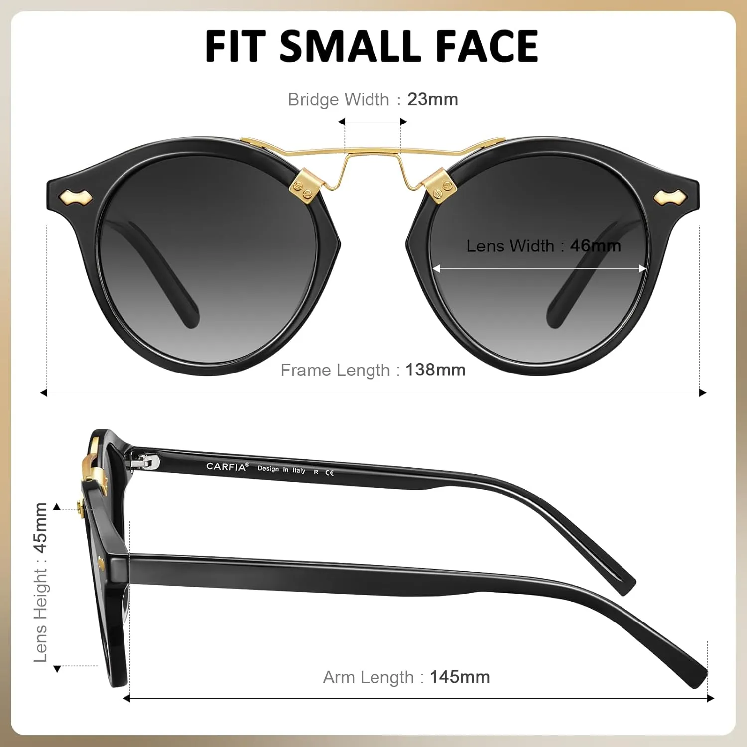 CARFIA Double Bridge Small Acetate Sunglasses for Women Polarized, Retro Metal Brow Ladies Sunnies Fashion Round Eyewears