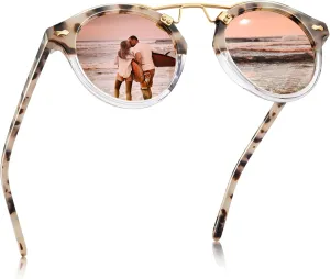 CARFIA Double Bridge Small Acetate Sunglasses for Women Polarized, Retro Metal Brow Ladies Sunnies Fashion Round Eyewears
