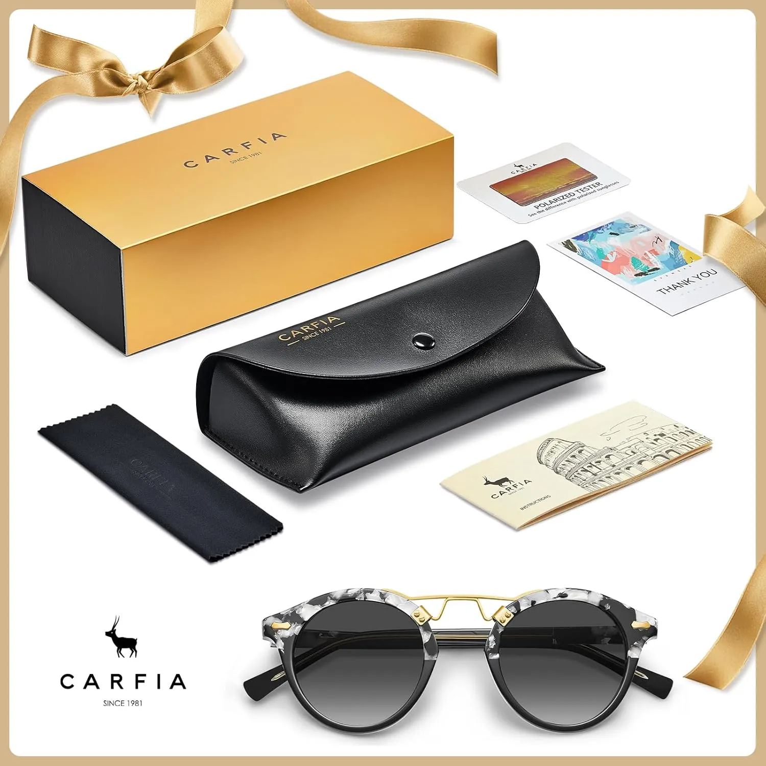 CARFIA Small Face Acetate Polarized Sunglasses for Women UV Protection, Retro Double Bridge Eyewears Metal Brow Round Sunnies
