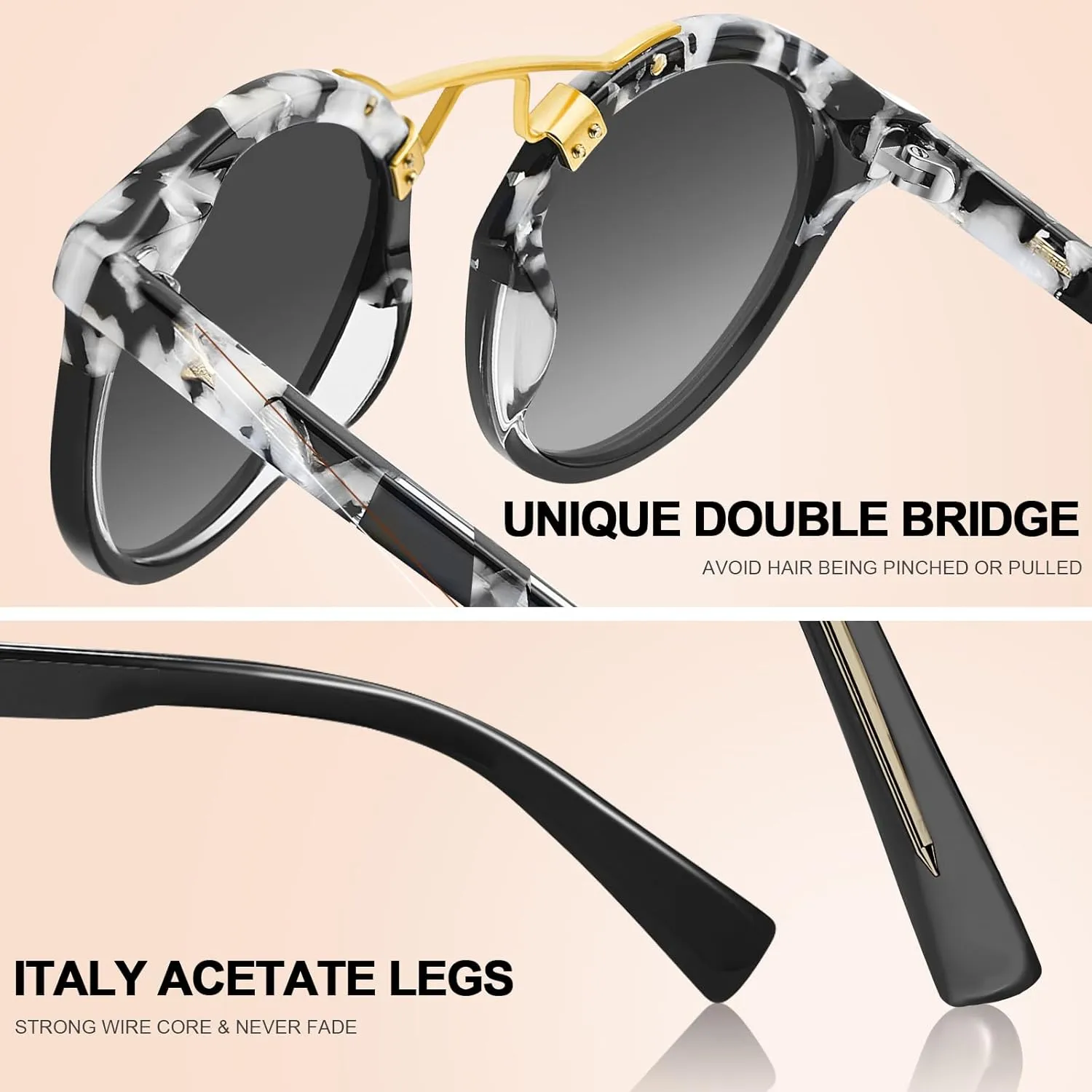 CARFIA Small Face Acetate Polarized Sunglasses for Women UV Protection, Retro Double Bridge Eyewears Metal Brow Round Sunnies