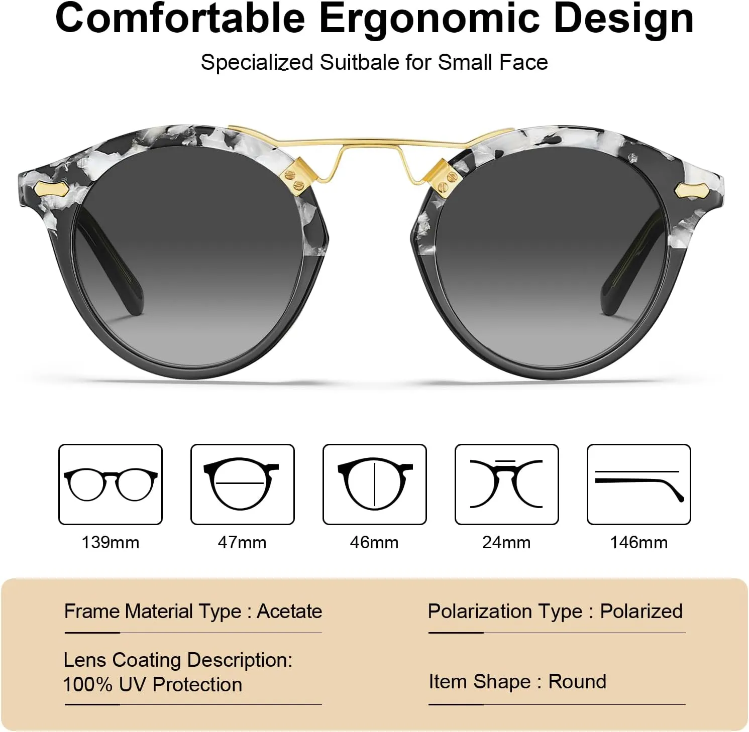 CARFIA Small Face Acetate Polarized Sunglasses for Women UV Protection, Retro Double Bridge Eyewears Metal Brow Round Sunnies