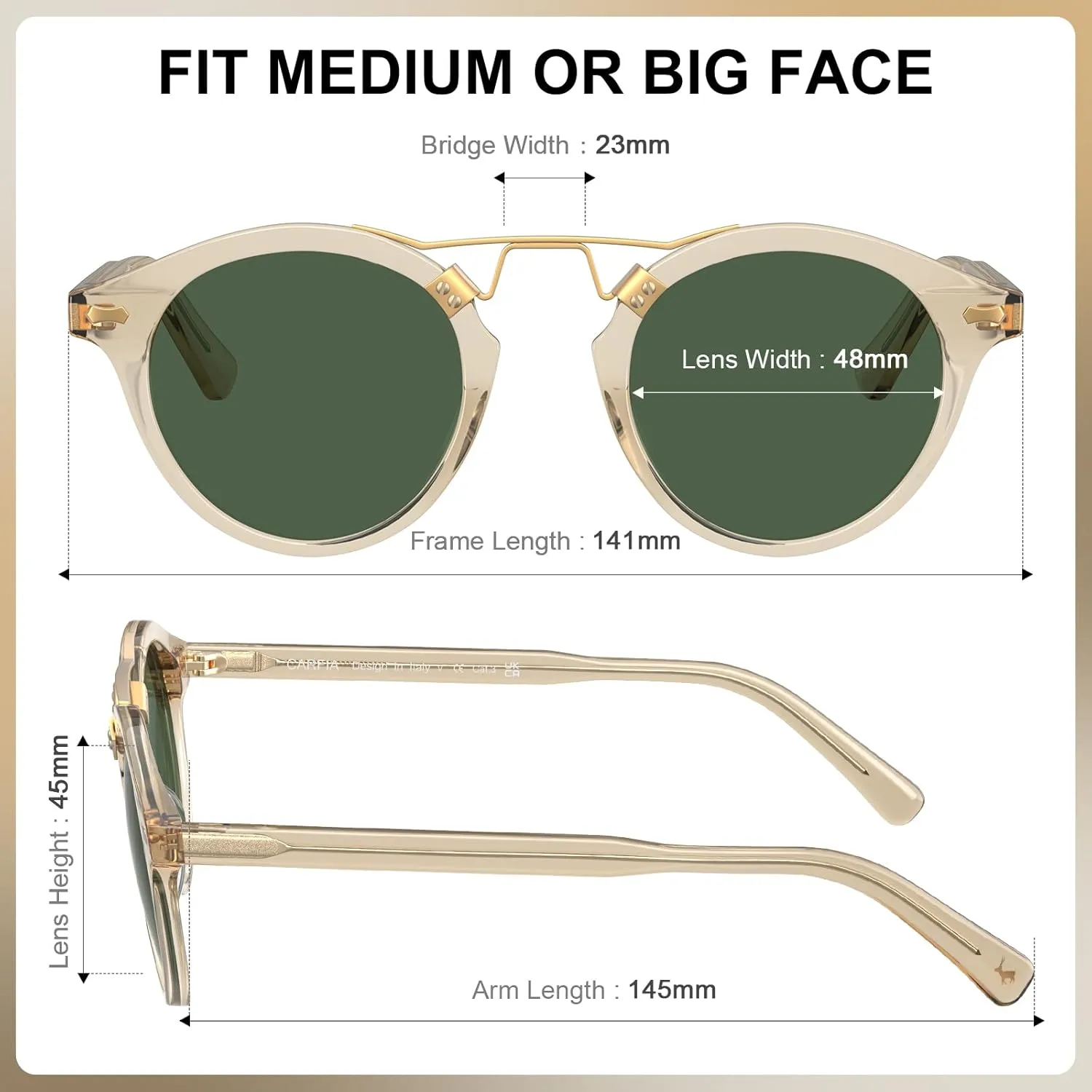 CARFIA Small Face Acetate Polarized Sunglasses for Women UV Protection, Retro Double Bridge Eyewears Metal Brow Round Sunnies