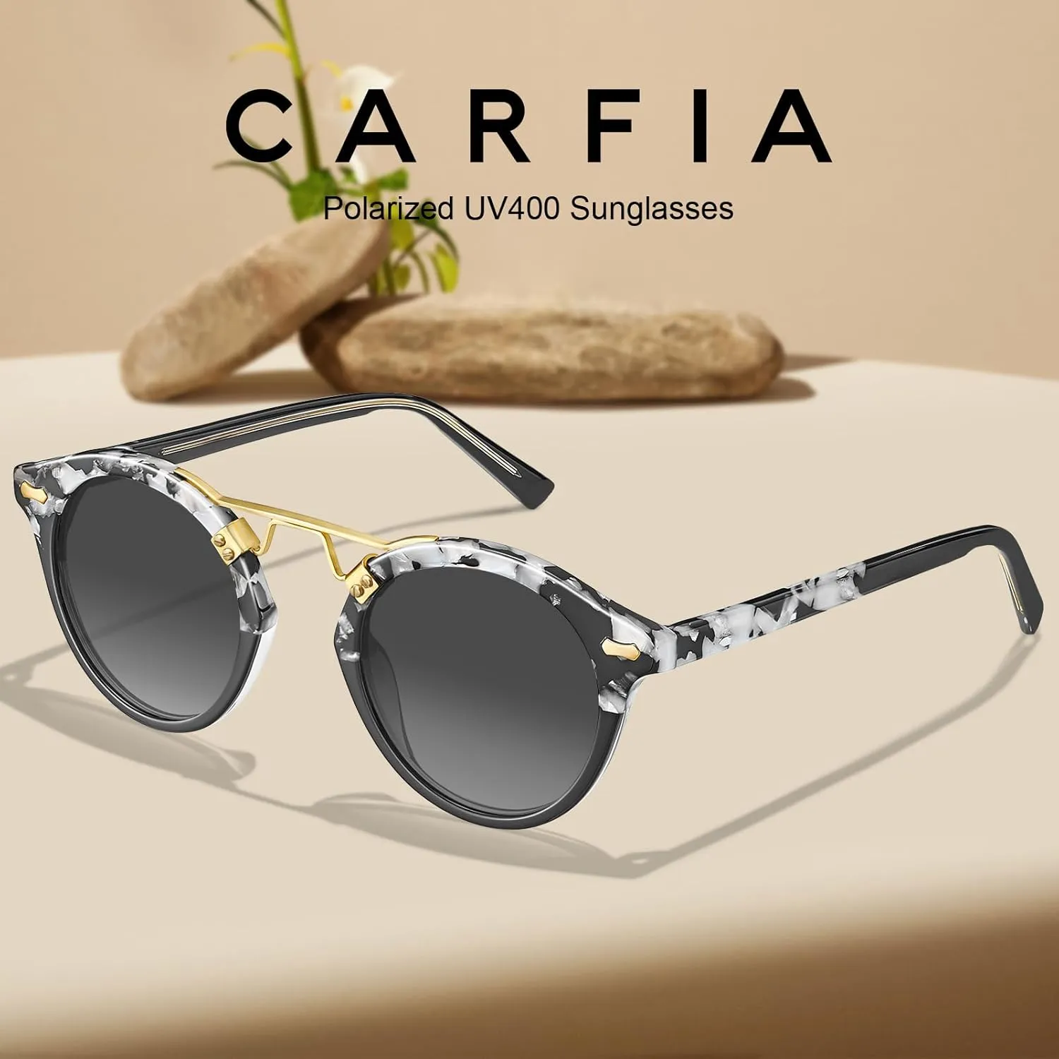 CARFIA Small Face Acetate Polarized Sunglasses for Women UV Protection, Retro Double Bridge Eyewears Metal Brow Round Sunnies