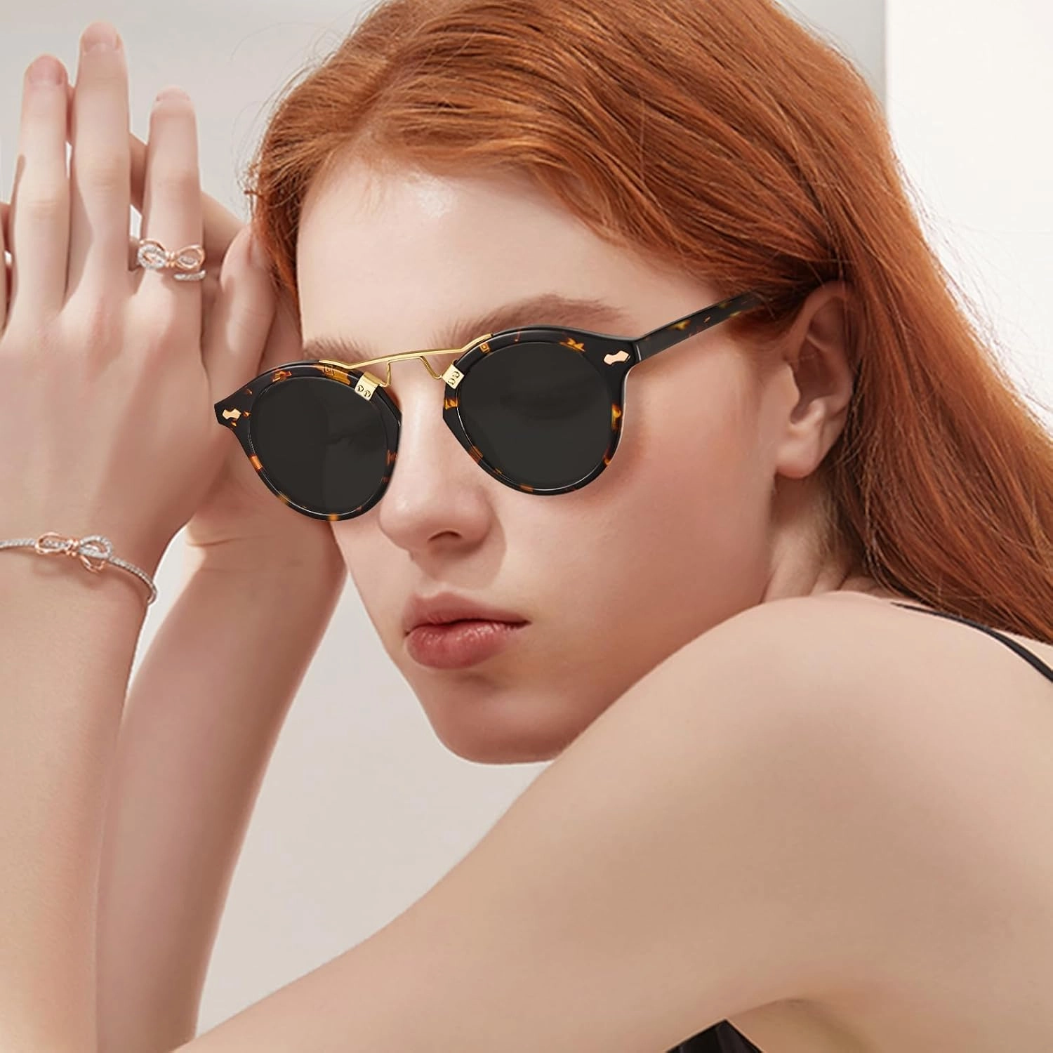 CARFIA Double Bridge Small Acetate Sunglasses for Women Polarized, Retro Metal Brow Ladies Sunnies Fashion Round Eyewears
