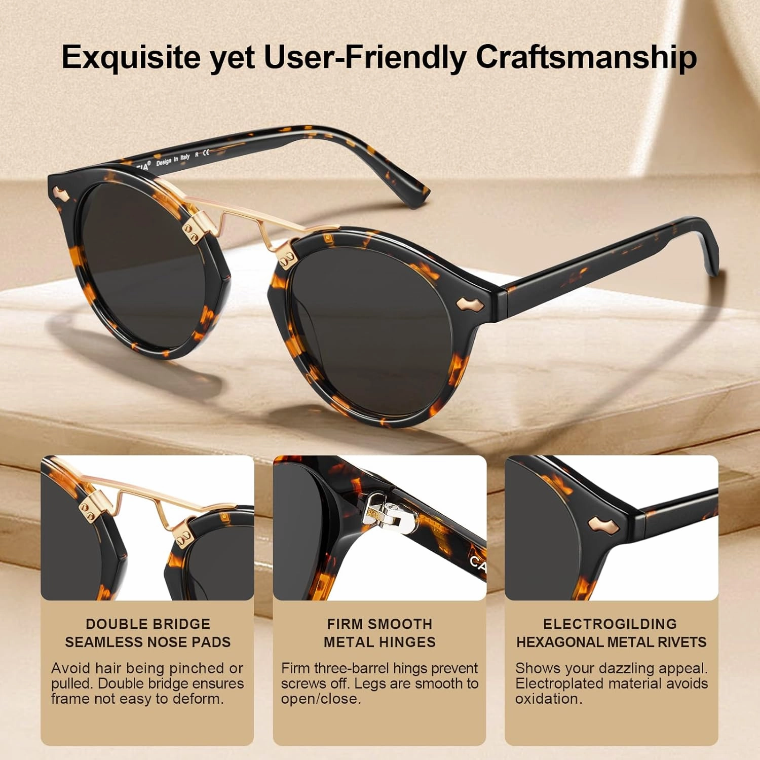 CARFIA Double Bridge Small Acetate Sunglasses for Women Polarized, Retro Metal Brow Ladies Sunnies Fashion Round Eyewears