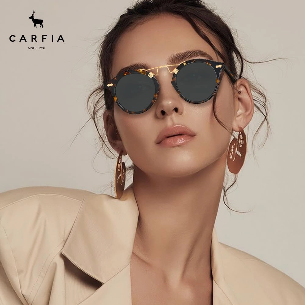 CARFIA Small Face Acetate Polarized Sunglasses for Women UV Protection, Retro Double Bridge Eyewears Metal Brow Round Sunnies