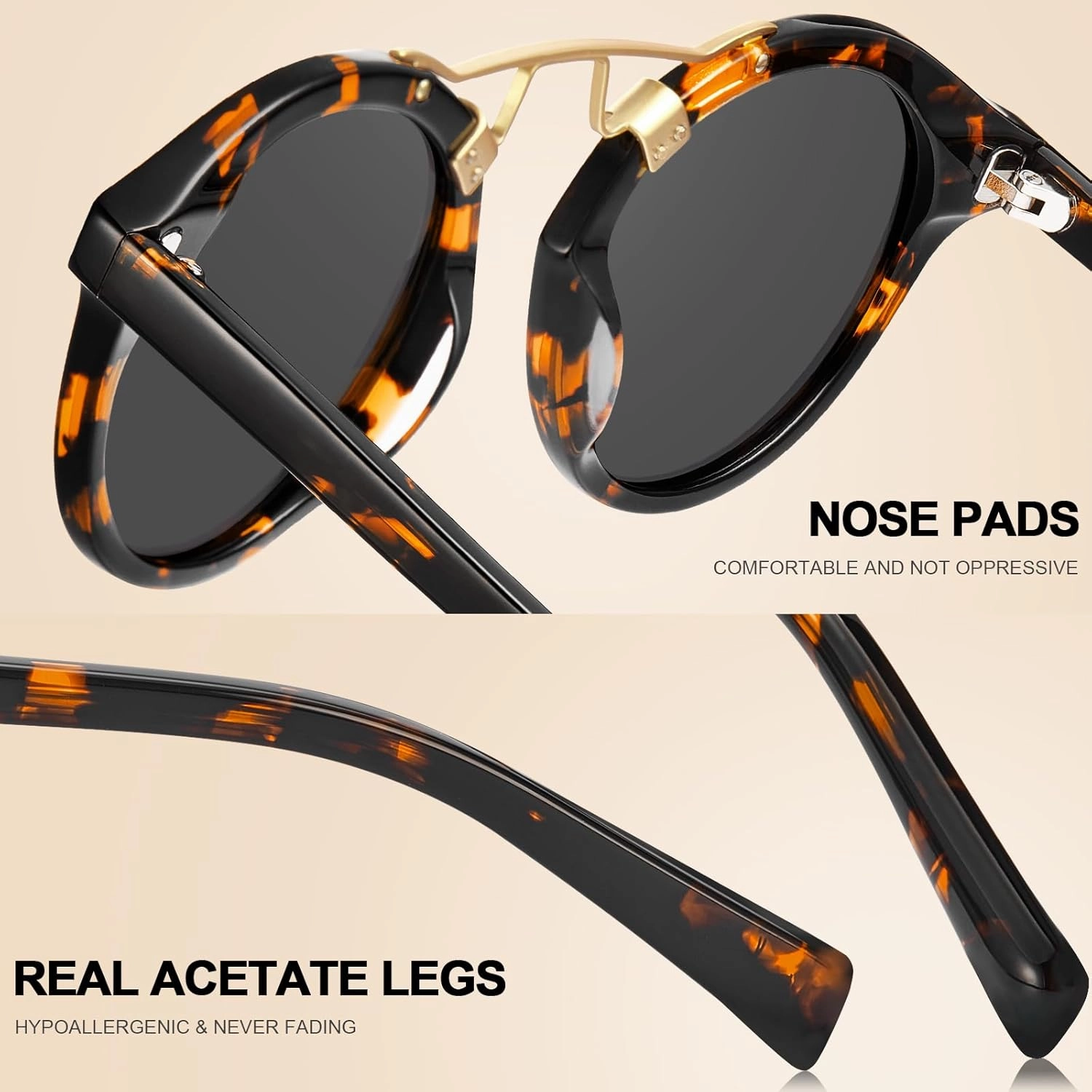 CARFIA Small Face Acetate Polarized Sunglasses for Women UV Protection, Retro Double Bridge Eyewears Metal Brow Round Sunnies