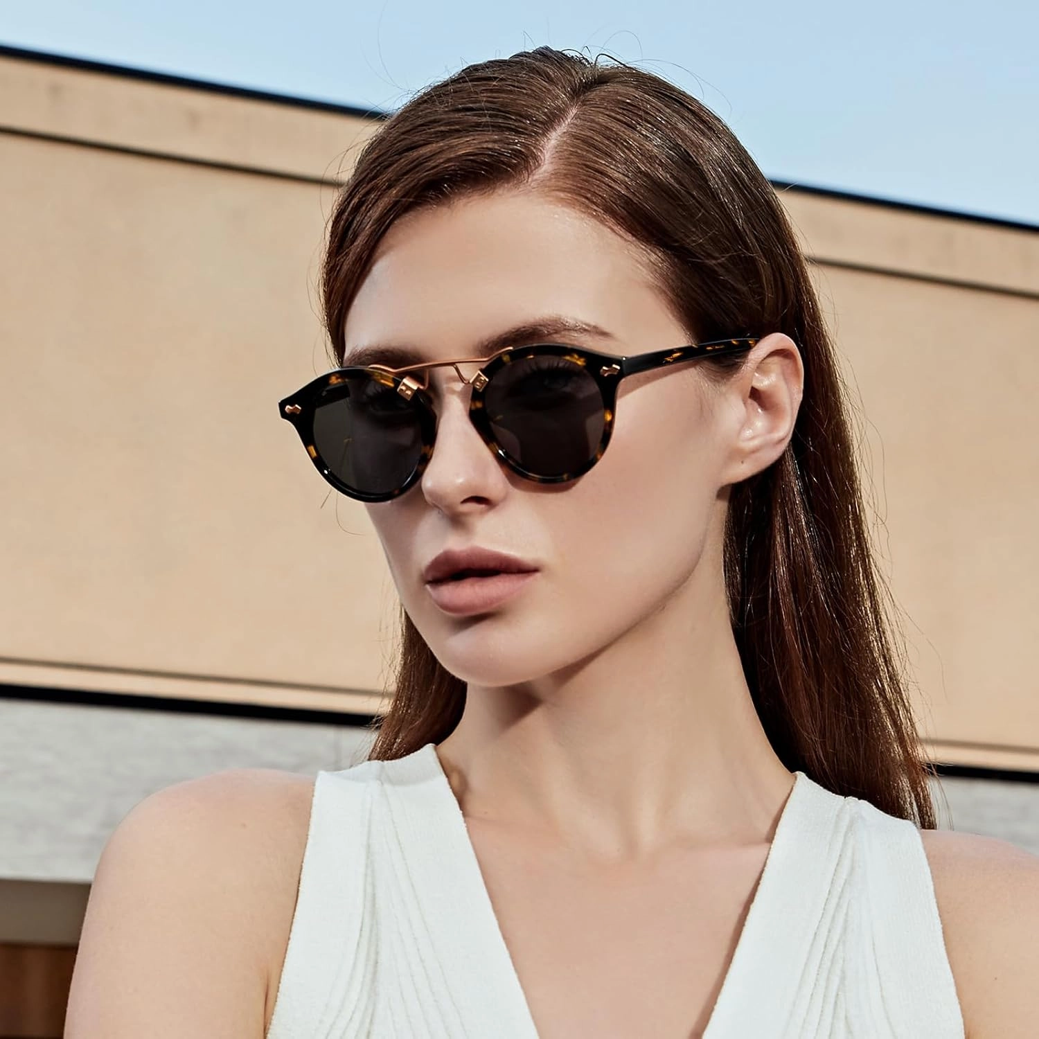 CARFIA Small Face Acetate Polarized Sunglasses for Women UV Protection, Retro Double Bridge Eyewears Metal Brow Round Sunnies
