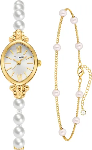 CARLIEN Women’s Petite Vintage Gold Tone Pearls Bracelet Quartz Watch Elegant Dainty Oval Dial Alloy Strap Stylish Casual Dress Analog Wristwatch