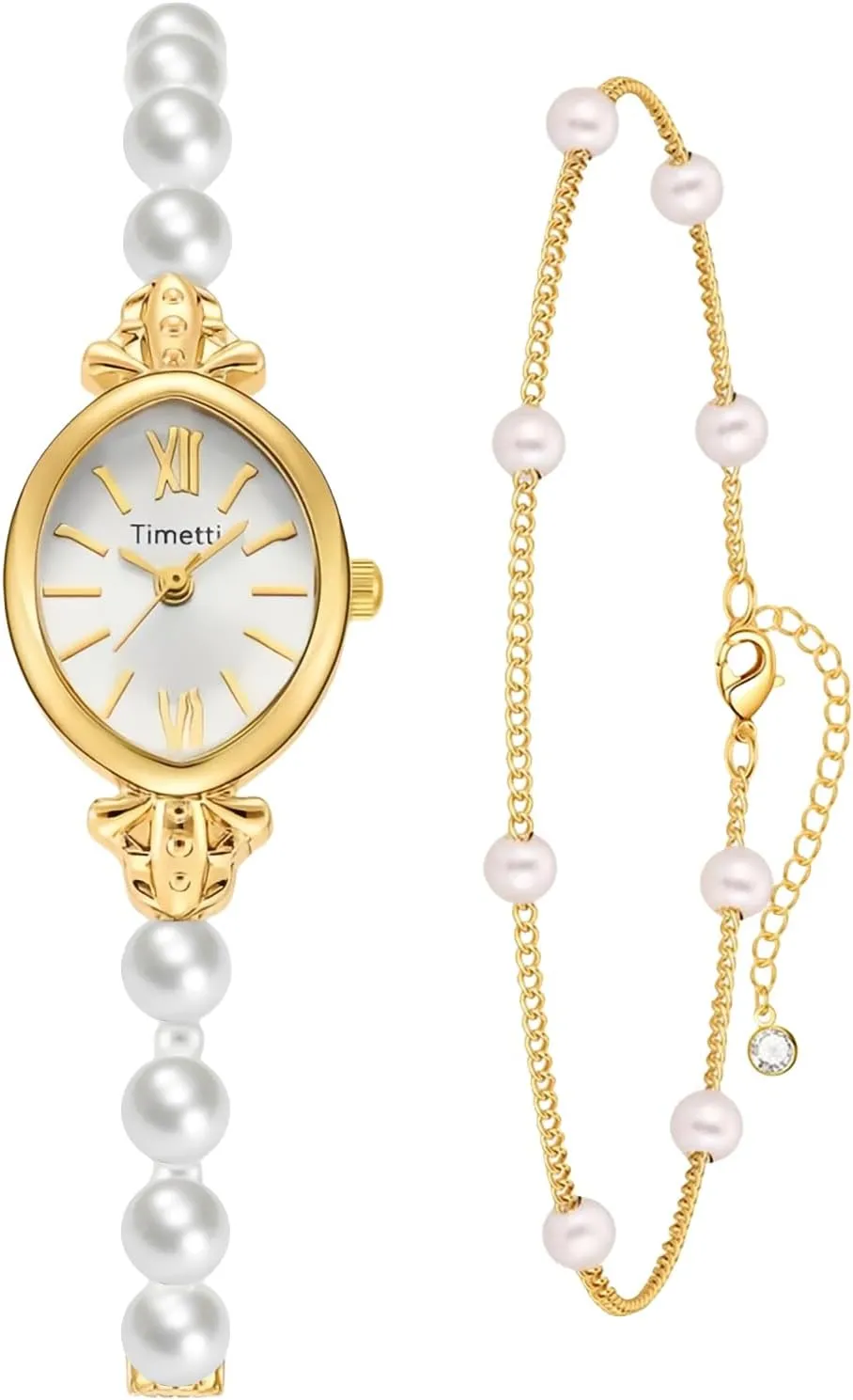 CARLIEN Women’s Petite Vintage Gold Tone Pearls Bracelet Quartz Watch Elegant Dainty Oval Dial Alloy Strap Stylish Casual Dress Analog Wristwatch