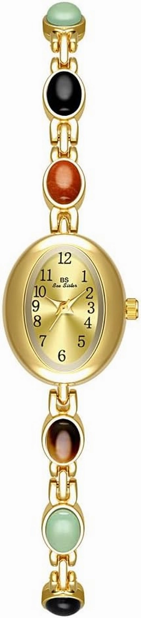CARLIEN Womens Gold Petite Vintage Colorful Jade Crystals Beaded Waterproof Watch Small Pearl Oval Dial Arabic Numerals Fashion Bracelet Wrist Watch