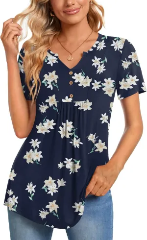 CATHY Womens Short Sleeve Tunic Tops Henley Shirt V Neck Button Up Blouse Casual Pleated Basic Pullover