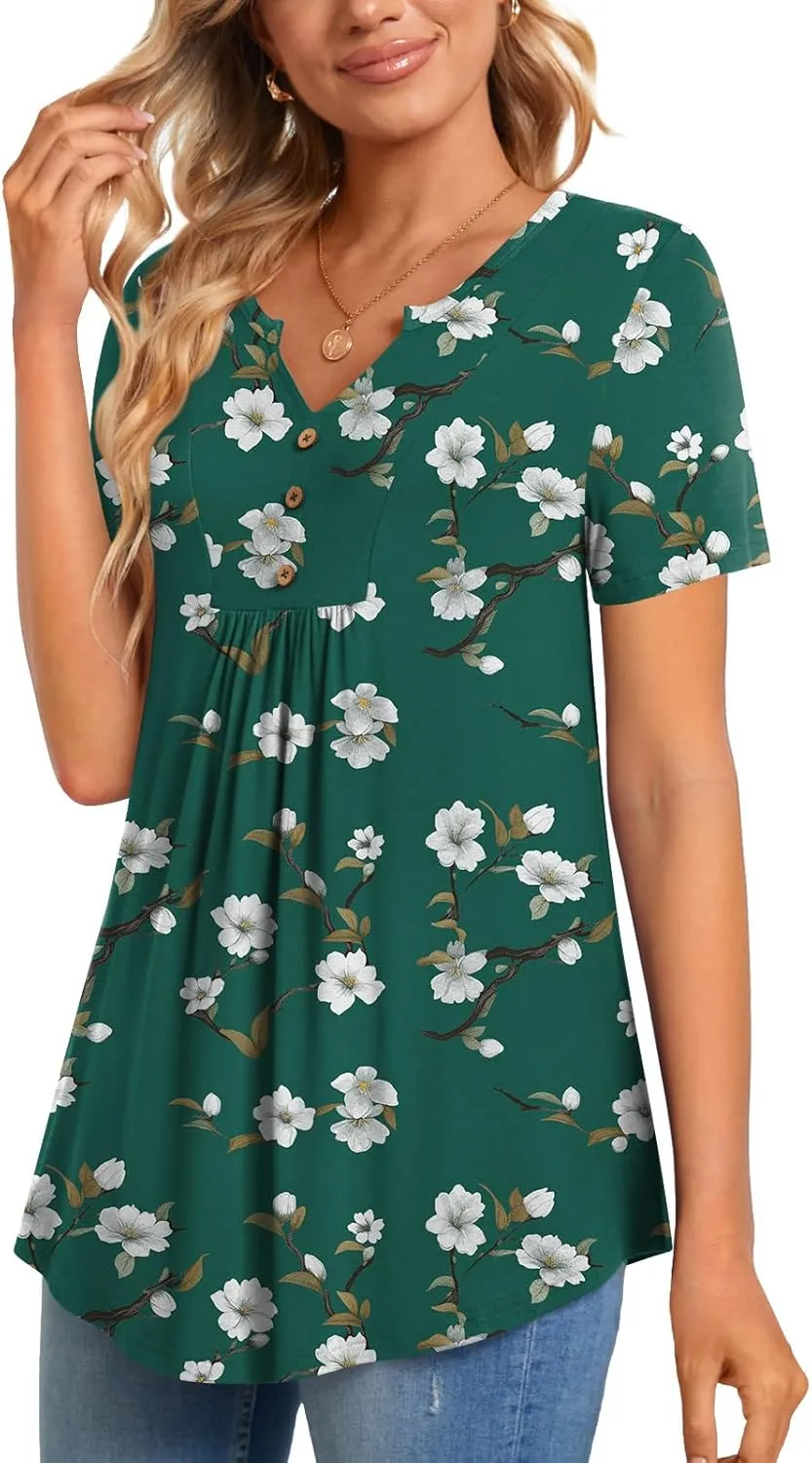 CATHY Womens Short Sleeve Tunic Tops Henley Shirt V Neck Button Up Blouse Casual Pleated Basic Pullover