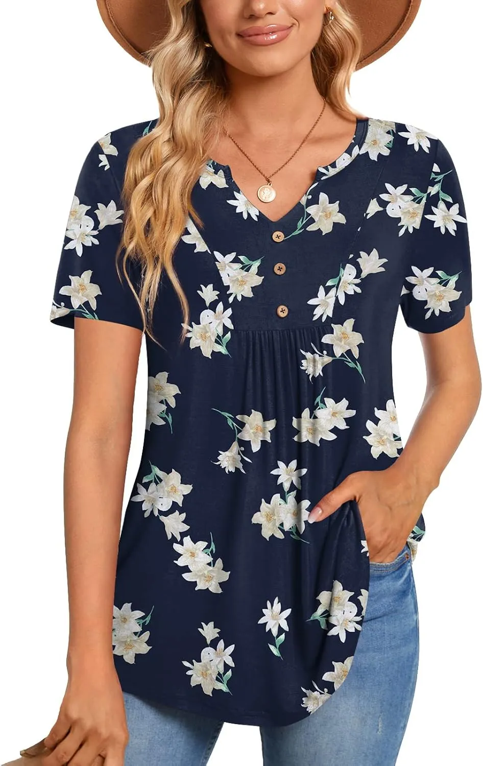 CATHY Womens Short Sleeve Tunic Tops Henley Shirt V Neck Button Up Blouse Casual Pleated Basic Pullover