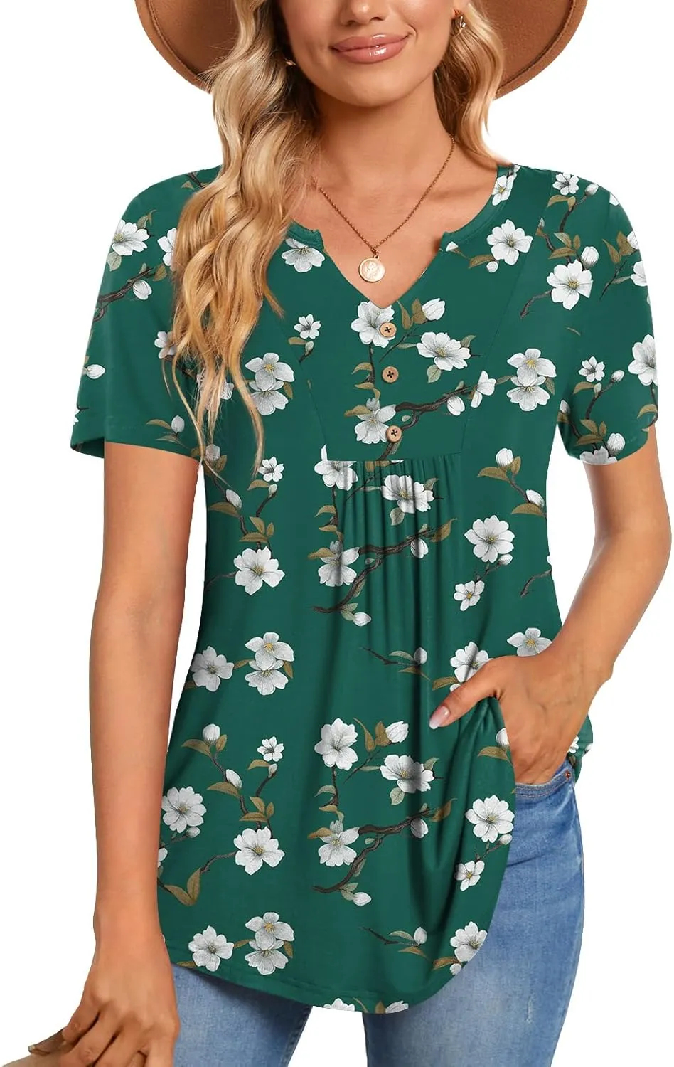 CATHY Womens Short Sleeve Tunic Tops Henley Shirt V Neck Button Up Blouse Casual Pleated Basic Pullover