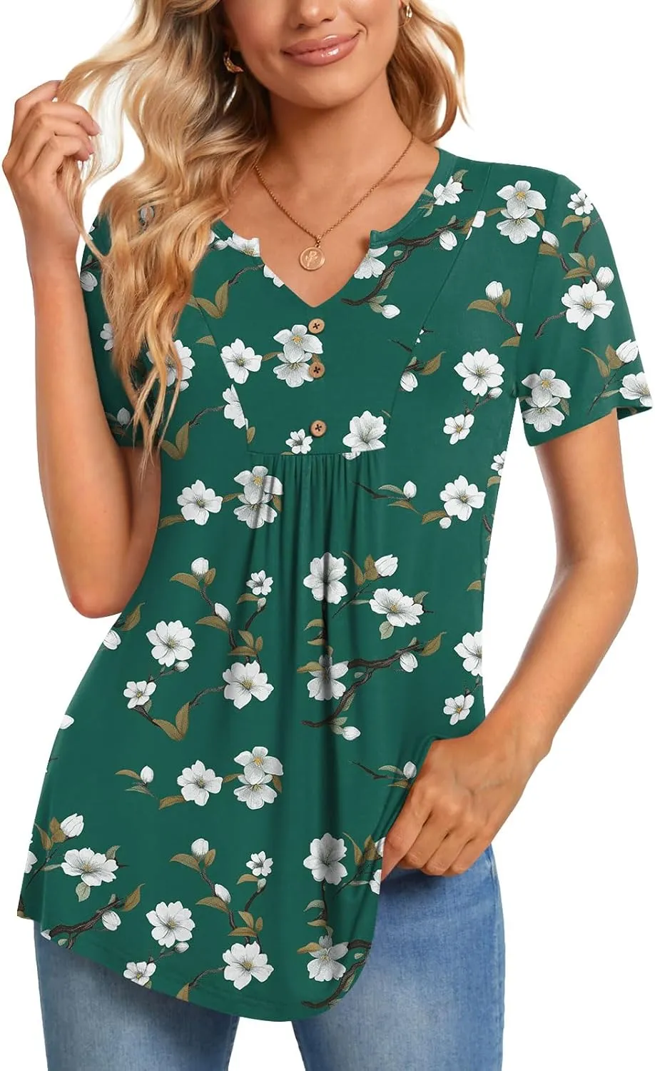 CATHY Womens Short Sleeve Tunic Tops Henley Shirt V Neck Button Up Blouse Casual Pleated Basic Pullover