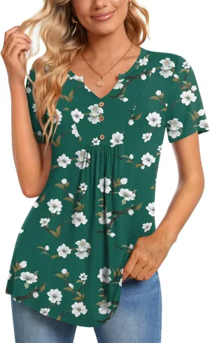 CATHY Womens Short Sleeve Tunic Tops Henley Shirt V Neck Button Up Blouse Casual Pleated Basic Pullover