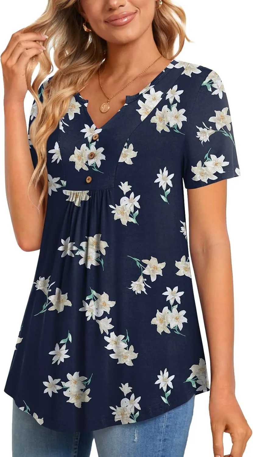CATHY Womens Short Sleeve Tunic Tops Henley Shirt V Neck Button Up Blouse Casual Pleated Basic Pullover