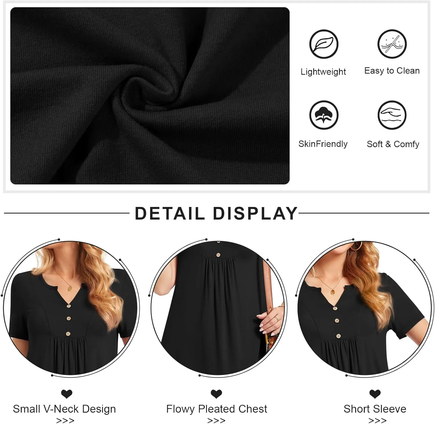 CATHY Womens Short Sleeve Tunic Tops Henley Shirt V Neck Button Up Blouse Casual Pleated Basic Pullover