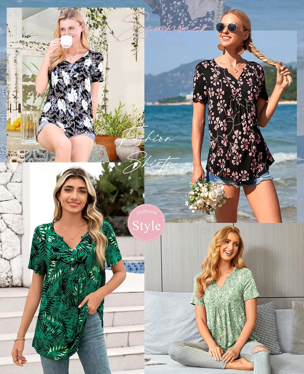 CATHY Womens Short Sleeve Tunic Tops Henley Shirt V Neck Button Up Blouse Casual Pleated Basic Pullover