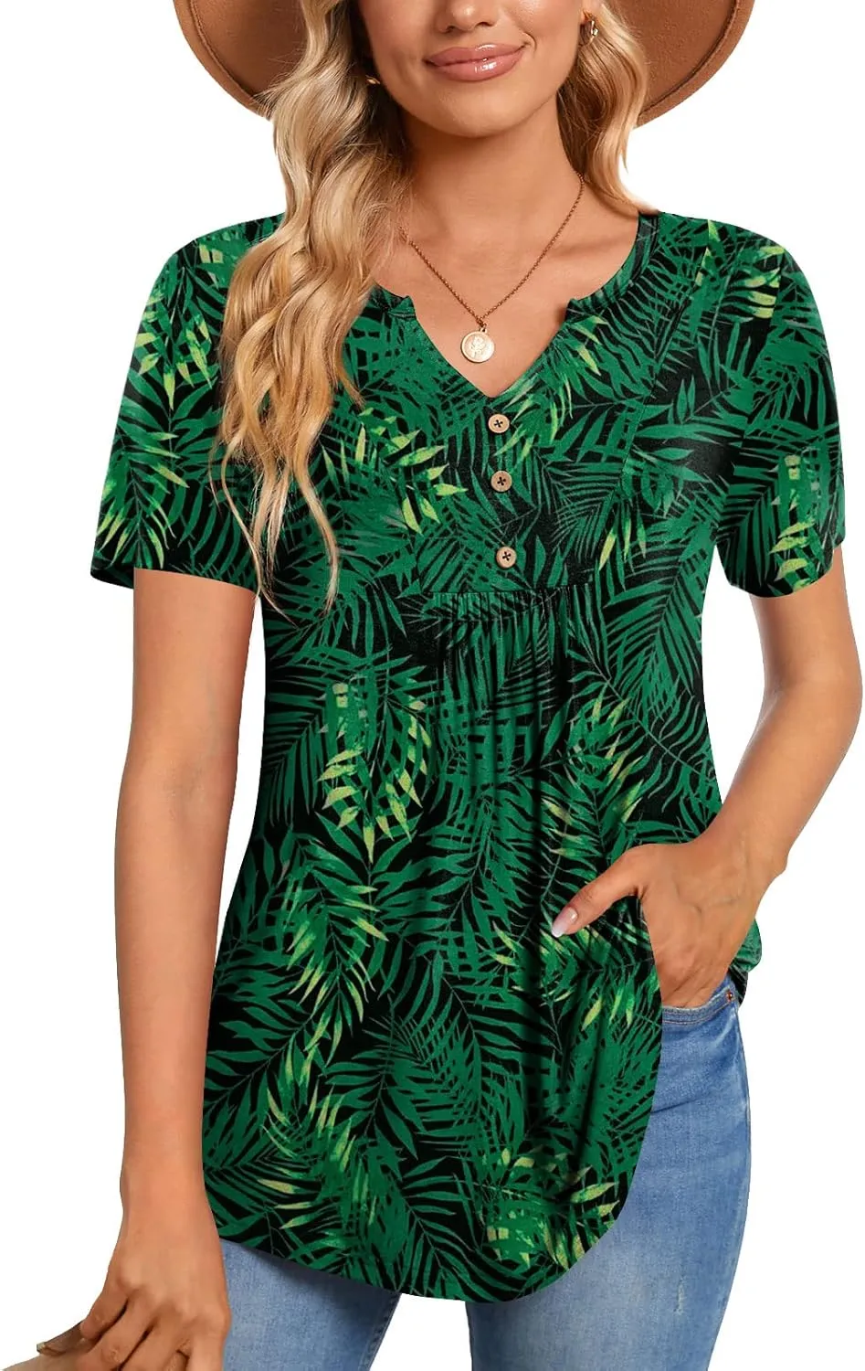 CATHY Womens Short Sleeve Tunic Tops Henley Shirt V Neck Button Up Blouse Casual Pleated Basic Pullover