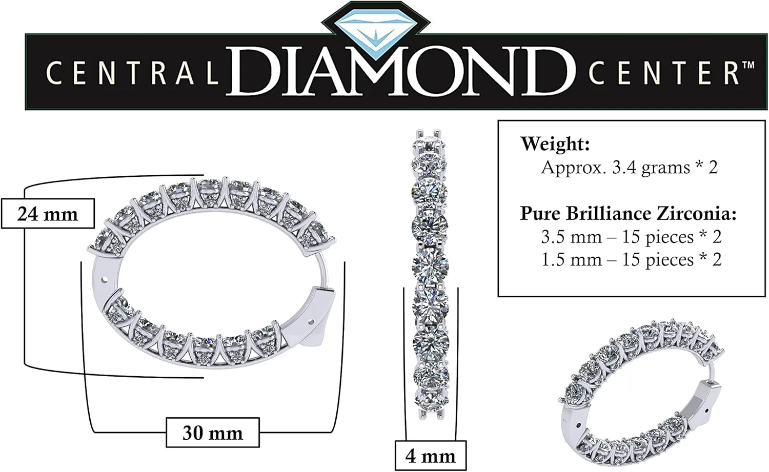 Central Diamond Center Zsa Zsa Oval Hoop Earrings Solid 925 Sterling Silver w/Pure Brilliance Zirconia, Simulated Diamond Hoops