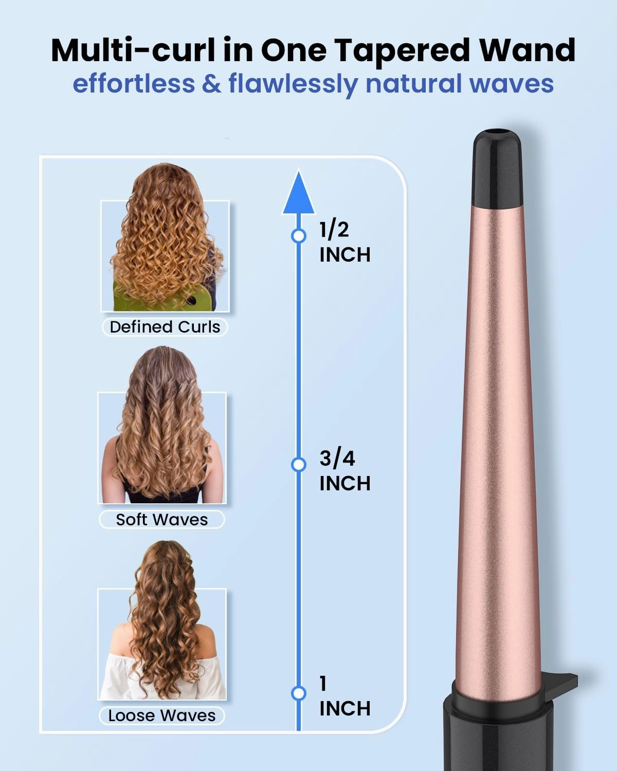 Ceramic Tapered Curling Wand 0.5-1 Inch Beachy Waves, 1/2-1 Inch Curling Iron for Long Hair,Dual Voltage Hair Wand Curler with LCD Display 225-450℉|Glove Include