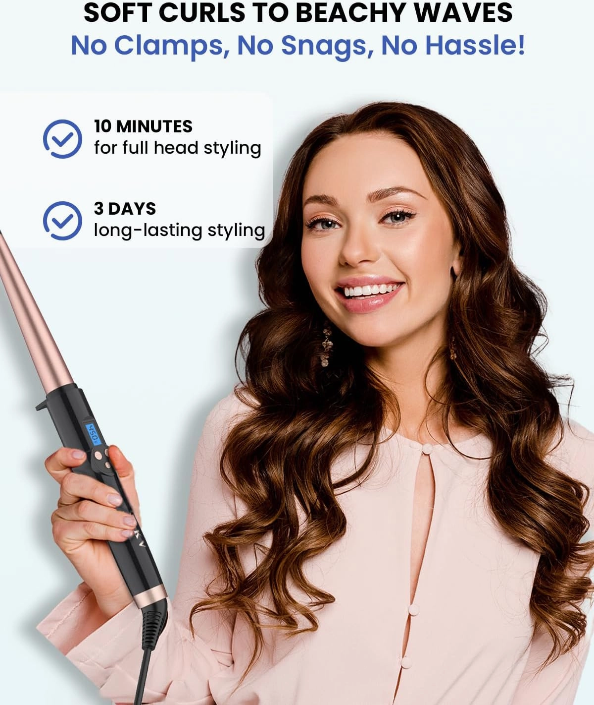 Ceramic Tapered Curling Wand 0.5-1 Inch Beachy Waves, 1/2-1 Inch Curling Iron for Long Hair,Dual Voltage Hair Wand Curler with LCD Display 225-450℉|Glove Include