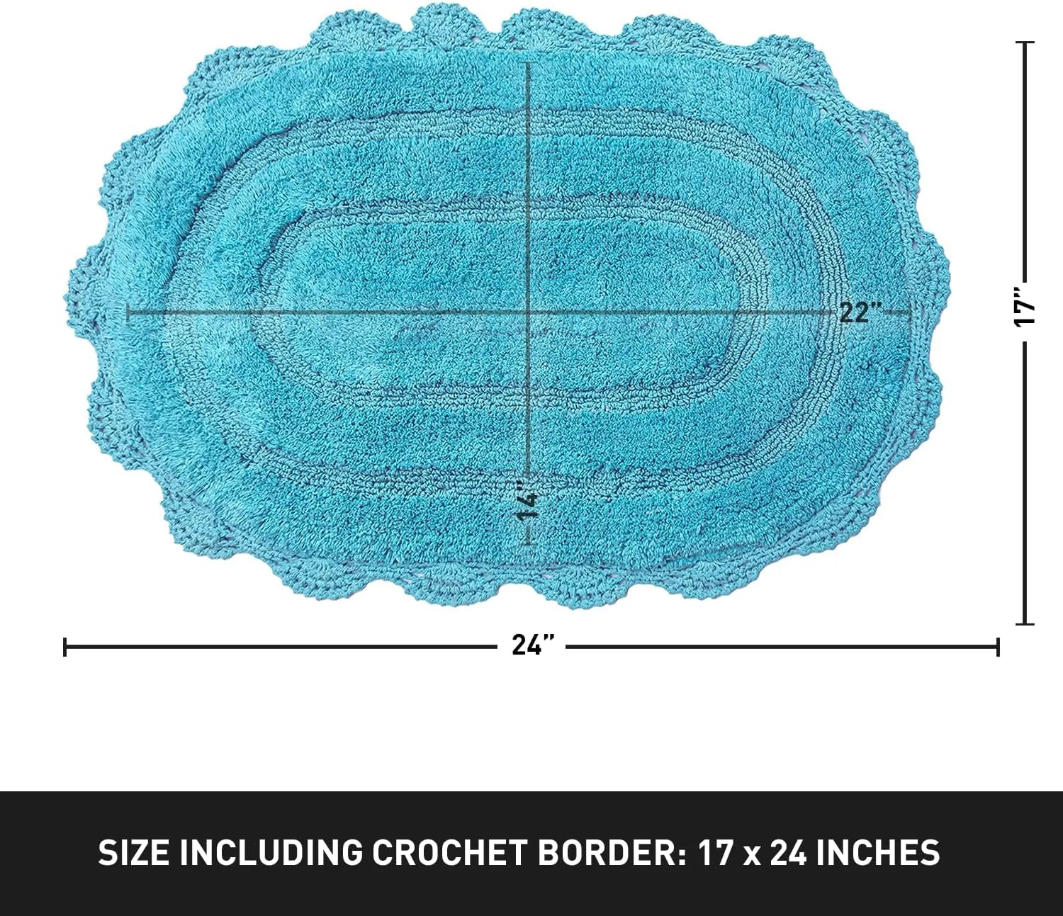 Chardin home Aqua Blue Crochet Bathrug, 100% Cotton Oval bathmat with artisanally Handcrafted Crochet Border, 17x24 Inch Oval tubmat, Small Rug, Perfect for Half Baths, Powder Rooms, bathrooms