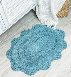 Chardin home Aqua Blue Crochet Bathrug, 100% Cotton Oval bathmat with artisanally Handcrafted Crochet Border, 17x24 Inch Oval tubmat, Small Rug, Perfect for Half Baths, Powder Rooms, bathrooms