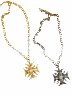 Charlemagne Crystal Cross Necklace in Gold or Silver