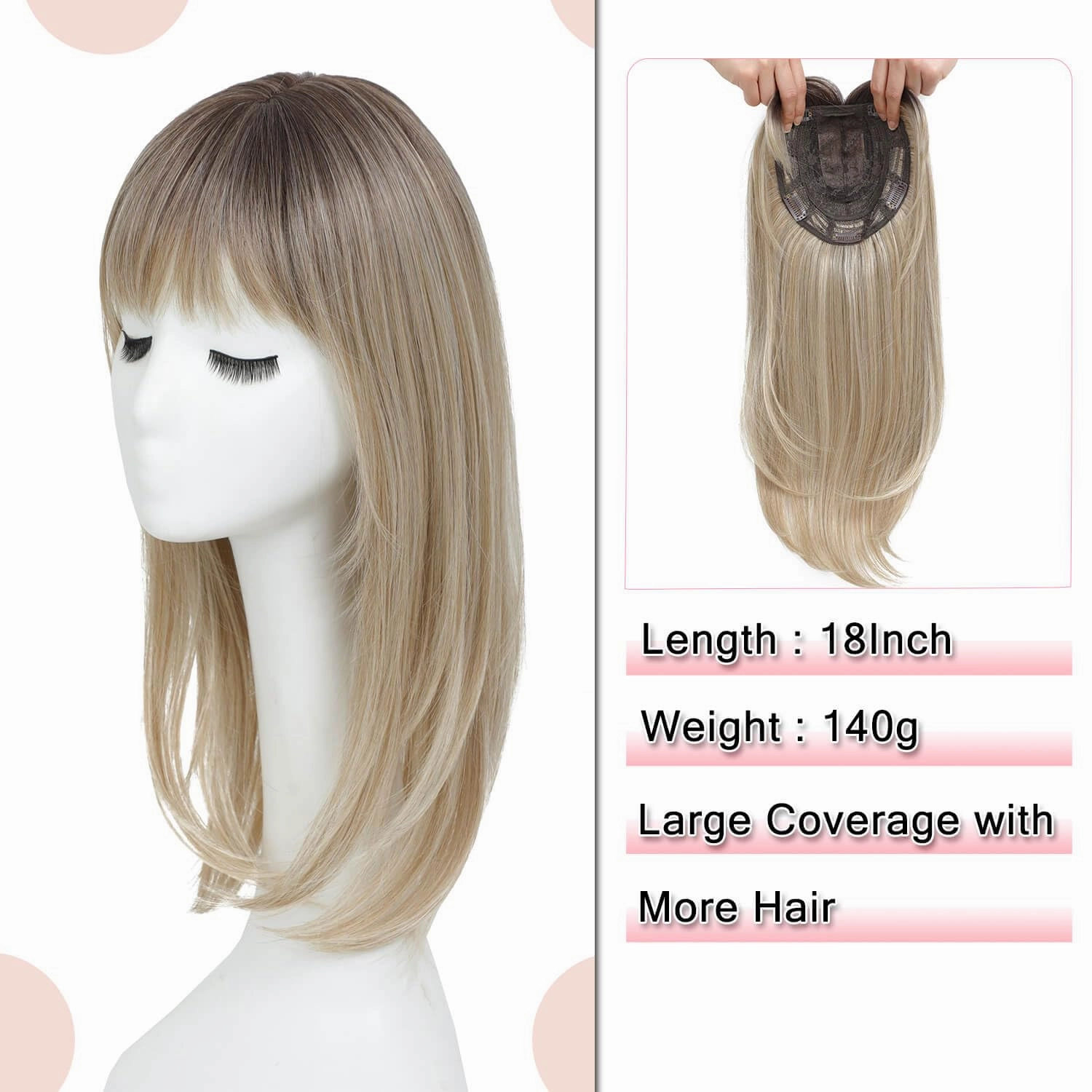 Clip in Synthetic Hair Topper with Bangs for Women, 18inch Hair Topper Long Layered 6.5"X6.5" Big Base Toppers Hairpieces for Women with Thinning Hair Ombre Mix Blonde Color