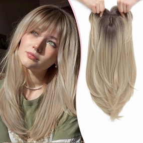 Clip in Synthetic Hair Topper with Bangs for Women, 18inch Hair Topper Long Layered 6.5"X6.5" Big Base Toppers Hairpieces for Women with Thinning Hair Ombre Mix Blonde Color