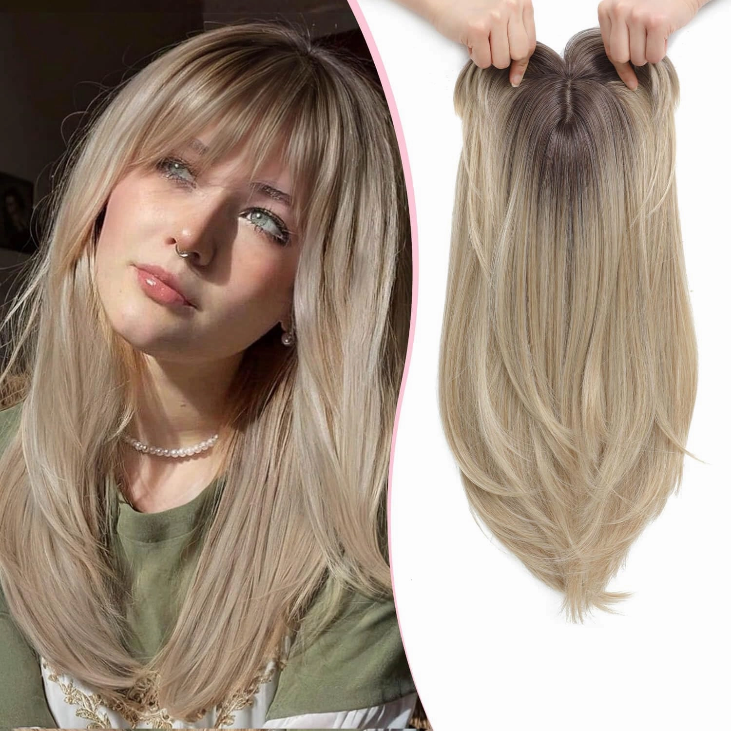 Clip in Synthetic Hair Topper with Bangs for Women, 18inch Hair Topper Long Layered 6.5"X6.5" Big Base Toppers Hairpieces for Women with Thinning Hair Ombre Mix Blonde Color