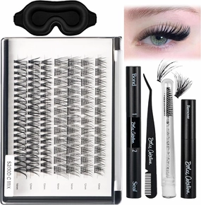 Cluster Eyelash Lashes Extensions Kit with Protective Sleep Mask- Premium at Home Lash Extensions Kit for DIY Lash Extensions, Lash Clusters kit, Cluster Eyelash Extensions, All Tools Glue Included