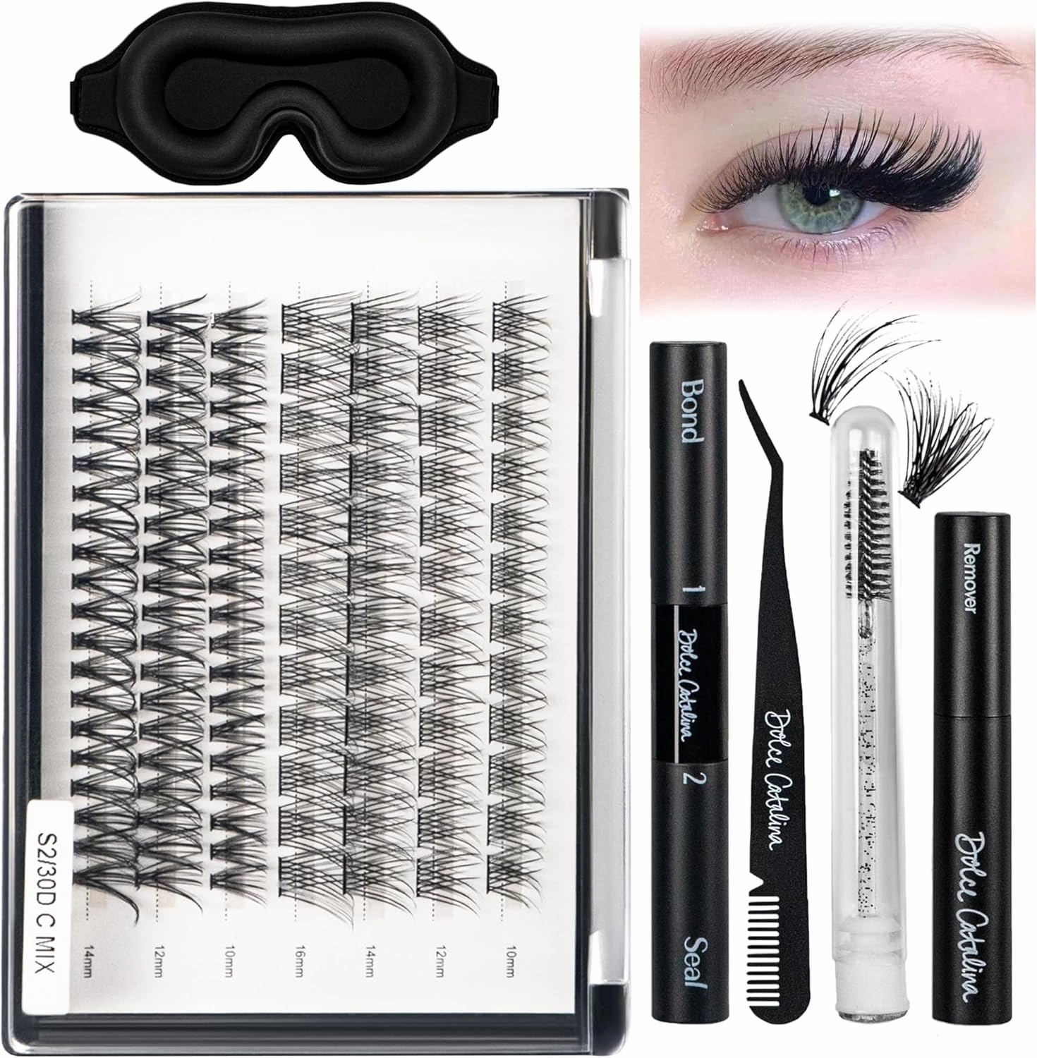 Cluster Eyelash Lashes Extensions Kit with Protective Sleep Mask- Premium at Home Lash Extensions Kit for DIY Lash Extensions, Lash Clusters kit, Cluster Eyelash Extensions, All Tools Glue Included
