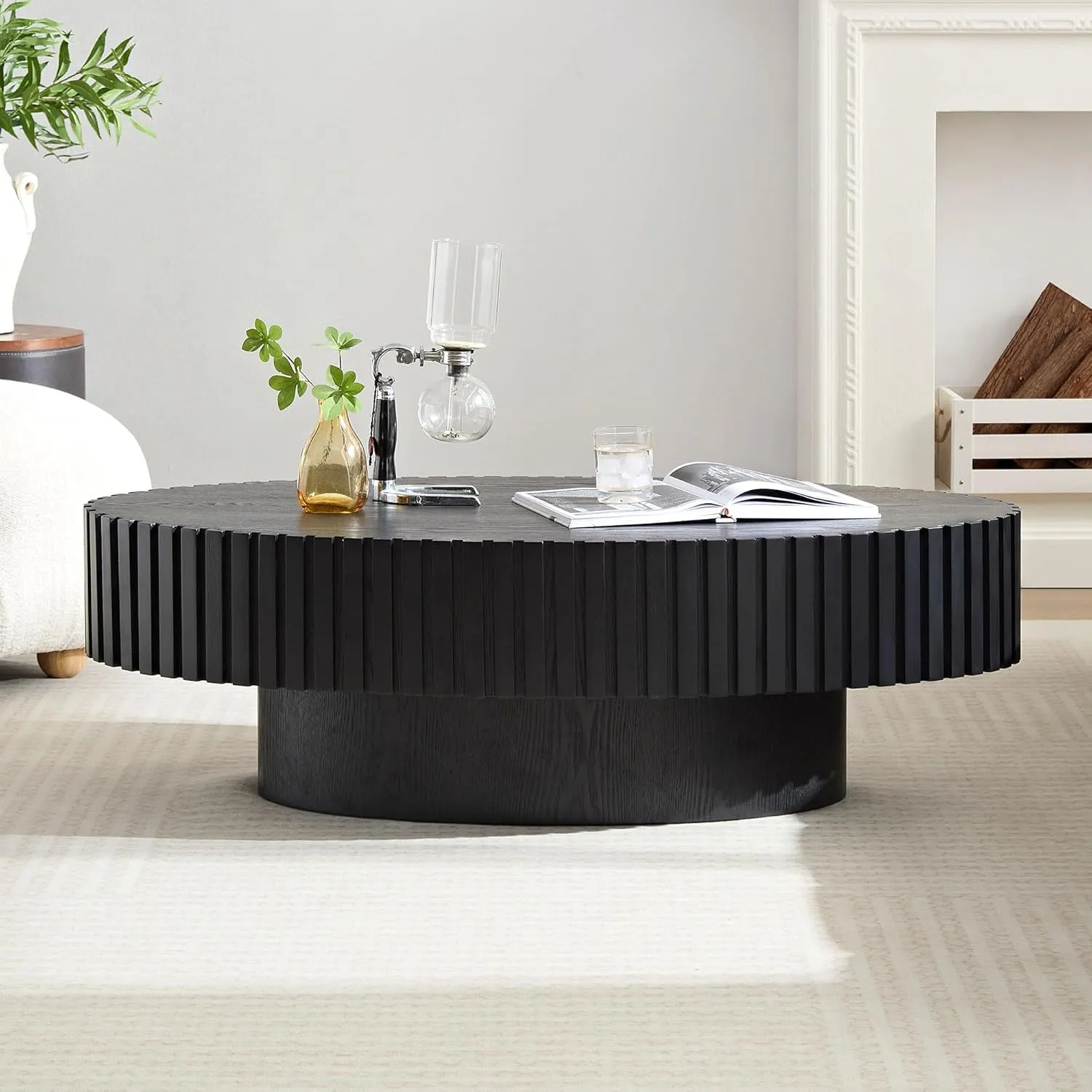 Coffee Table, 43.7 Inch Modern Handcraft Solid Wood Drum Oval Coffee Table for Living Room, Small Space, Office, Easy Assembly (Black)