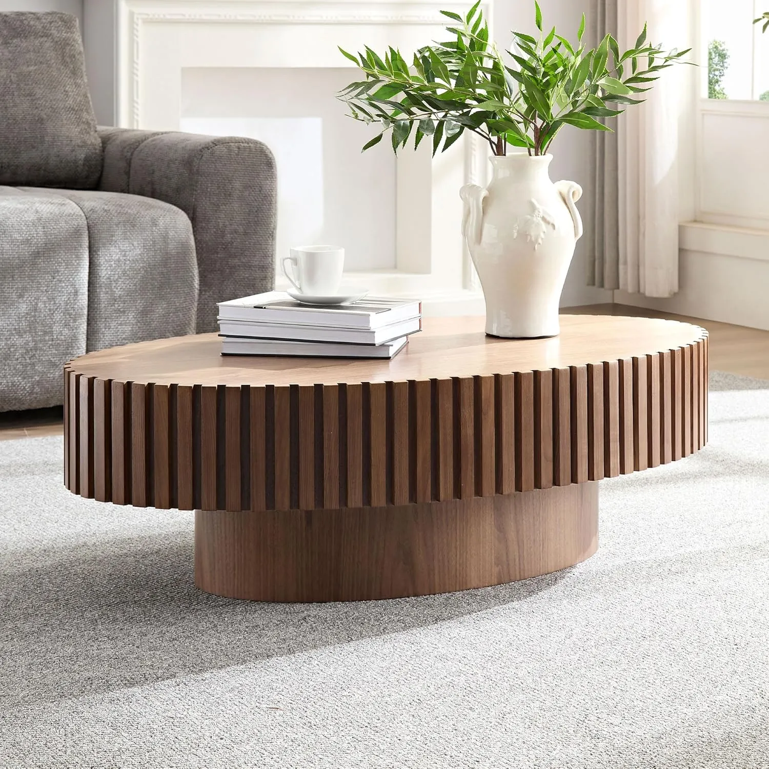 Coffee Table, 43.7 Inch Modern Handcraft Solid Wood Drum Oval Coffee Table for Living Room, Small Space, Office, Easy Assembly (Walnut)