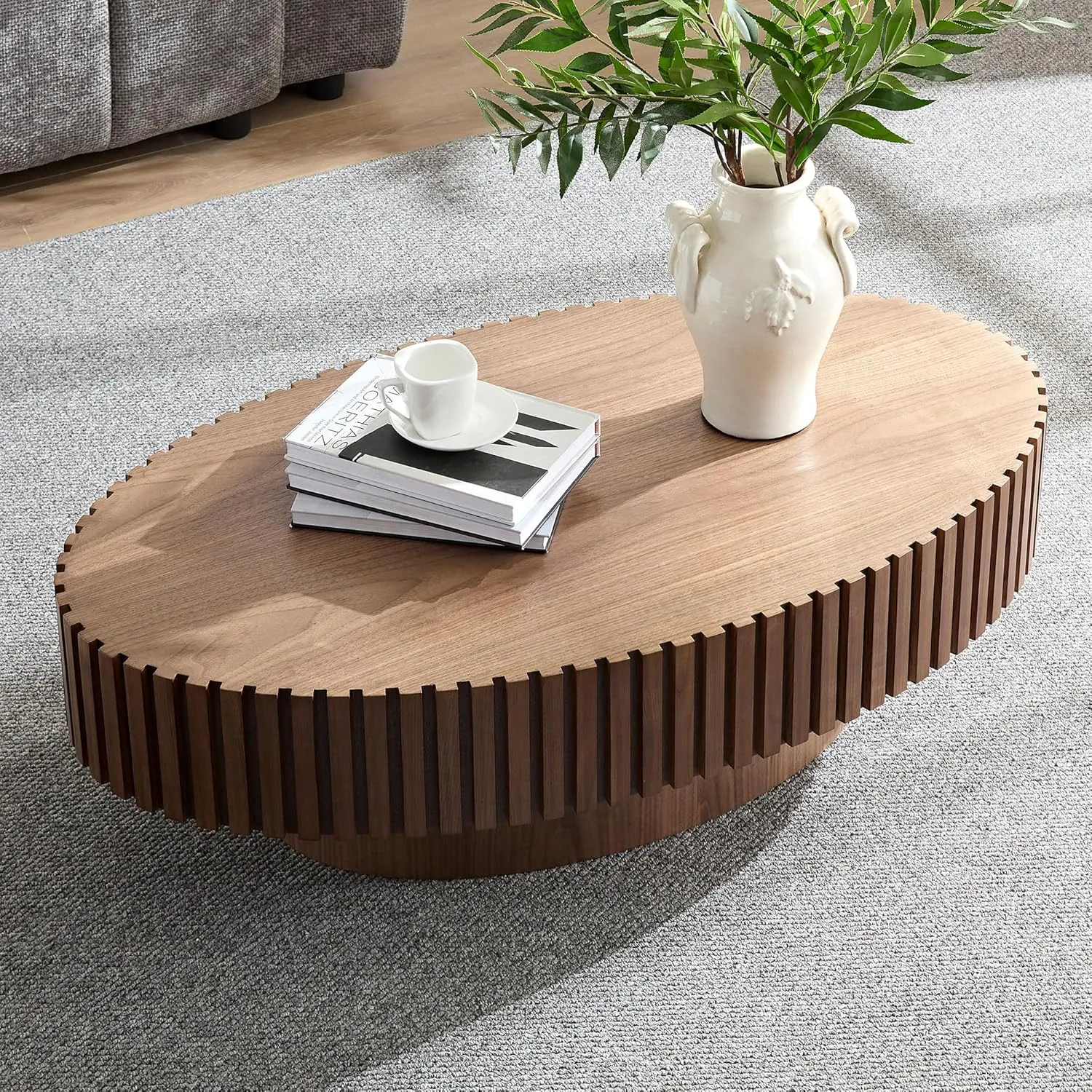 Coffee Table, 43.7 Inch Modern Handcraft Solid Wood Drum Oval Coffee Table for Living Room, Small Space, Office, Easy Assembly (Walnut)