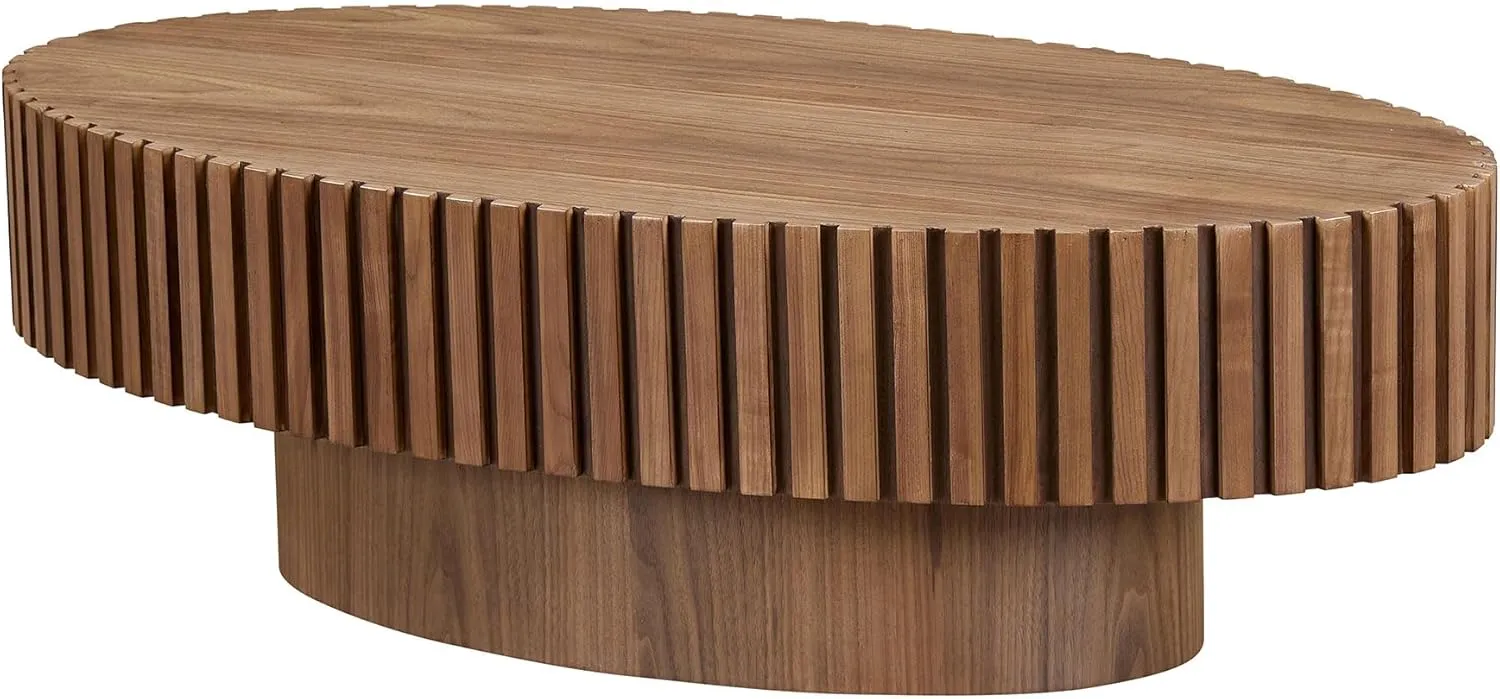 Coffee Table, 43.7 Inch Modern Handcraft Solid Wood Drum Oval Coffee Table for Living Room, Small Space, Office, Easy Assembly (Walnut)