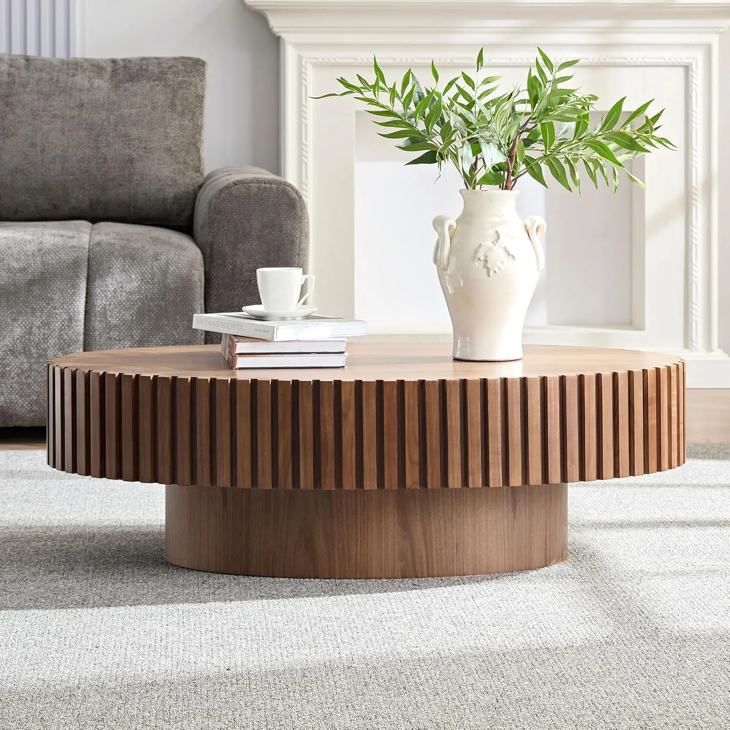 Coffee Table, 43.7 Inch Modern Handcraft Solid Wood Drum Oval Coffee Table for Living Room, Small Space, Office, Easy Assembly (Walnut)