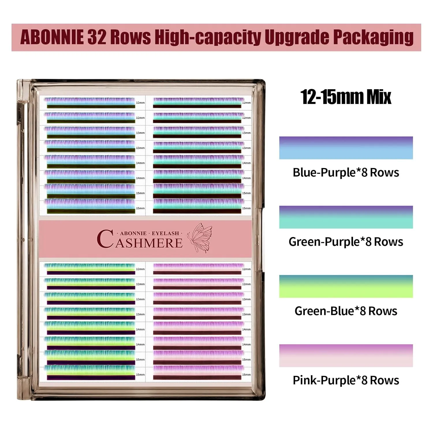 Colored Lash Extensions, 32 Rows Cashmere lash extensions, 0.07 C Curl Lash Extensions, 12-15mm Mix Classic Lash Extensions, Single Lash Extensions for Professional(32 Rows-Ombre 0.07-C 12-15mm)