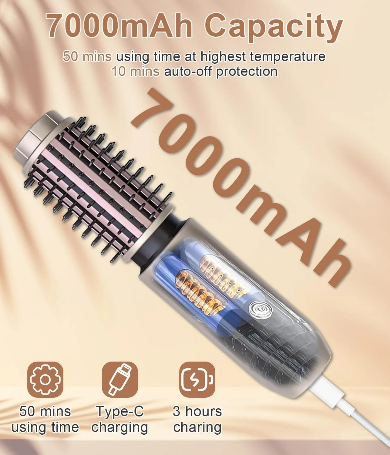 Cordless Hair Curling Iron Brush, 1.5" Mini Cordless Hair Curler, 3-in-1 Travel Curling Brush Hair Straightener Comb Rechargeable, 7000mAh Portable Ionic Heated Curling, Gold