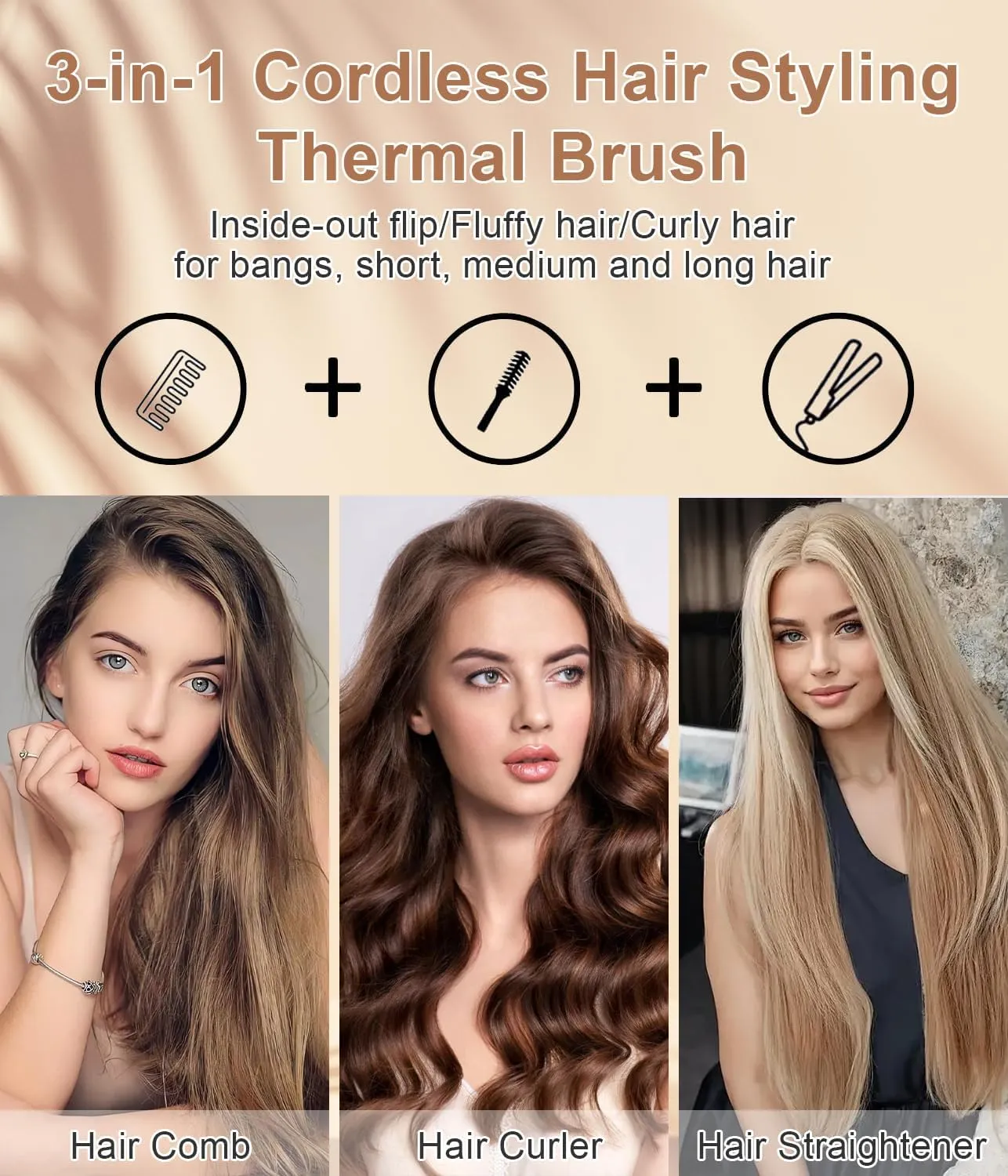 Cordless Hair Curling Iron Brush, 1.5" Mini Cordless Hair Curler, 3-in-1 Travel Curling Brush Hair Straightener Comb Rechargeable, 7000mAh Portable Ionic Heated Curling, Gold