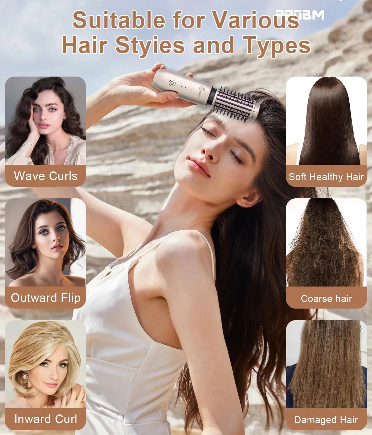 Cordless Hair Curling Iron Brush, 1.5" Mini Cordless Hair Curler, 3-in-1 Travel Curling Brush Hair Straightener Comb Rechargeable, 7000mAh Portable Ionic Heated Curling, Gold