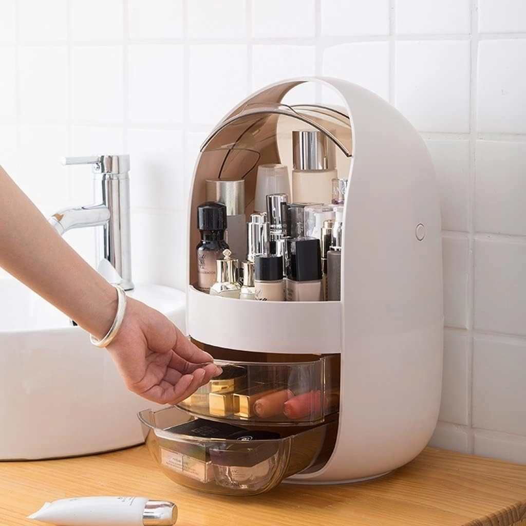 Cosmetic Organizer Makeup Organizer Oval Transparent Cosmetic Storage Display Cabinet Large Capacity Can Hold Jewelry Makeup Brush Lipstick Etc It Can Be Portable Handle Cosmetic Storage Case(A)