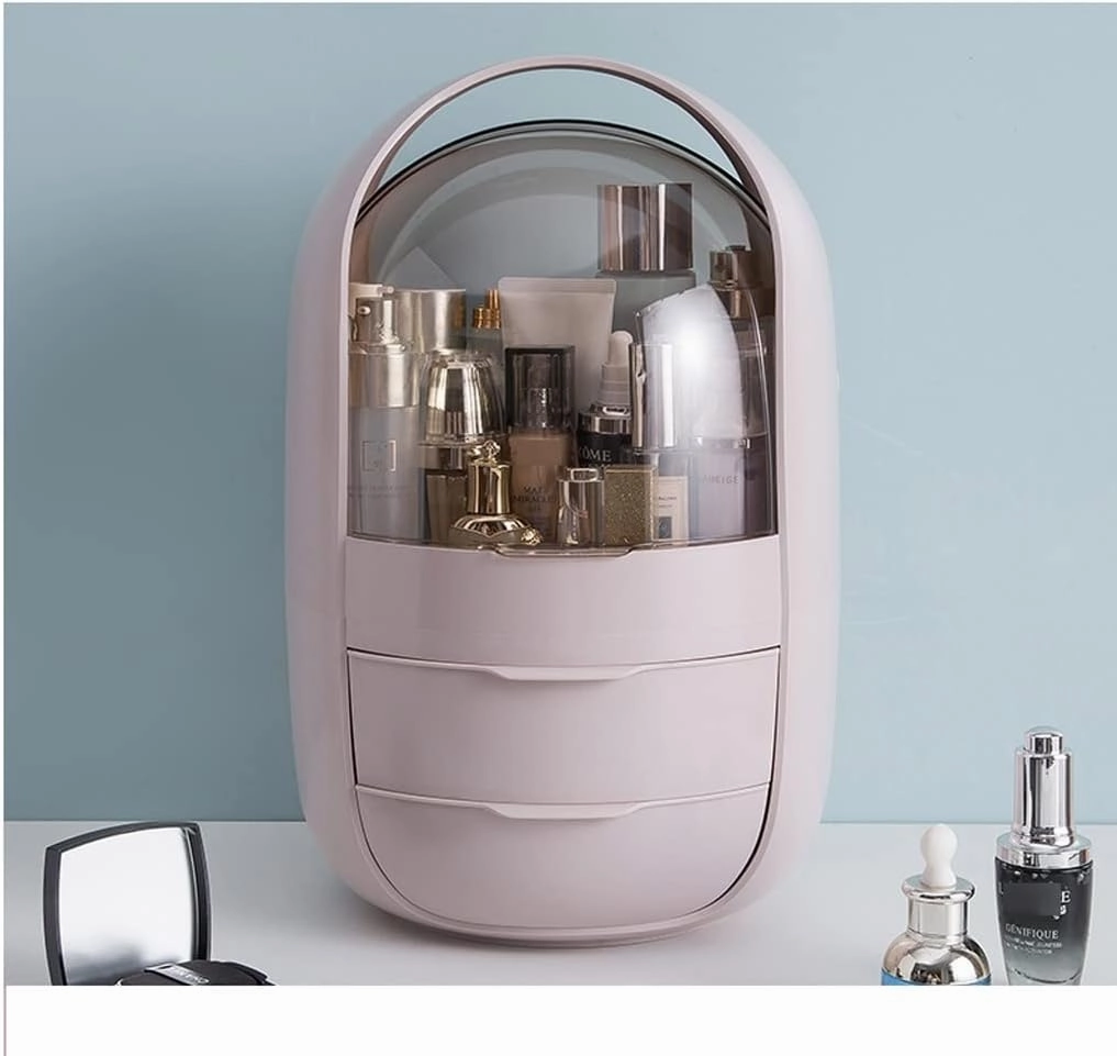 Cosmetic Organizer Makeup Organizer Oval Transparent Cosmetic Storage Display Cabinet Large Capacity Can Hold Jewelry Makeup Brush Lipstick Etc It Can Be Portable Handle Cosmetic Storage Case(A)