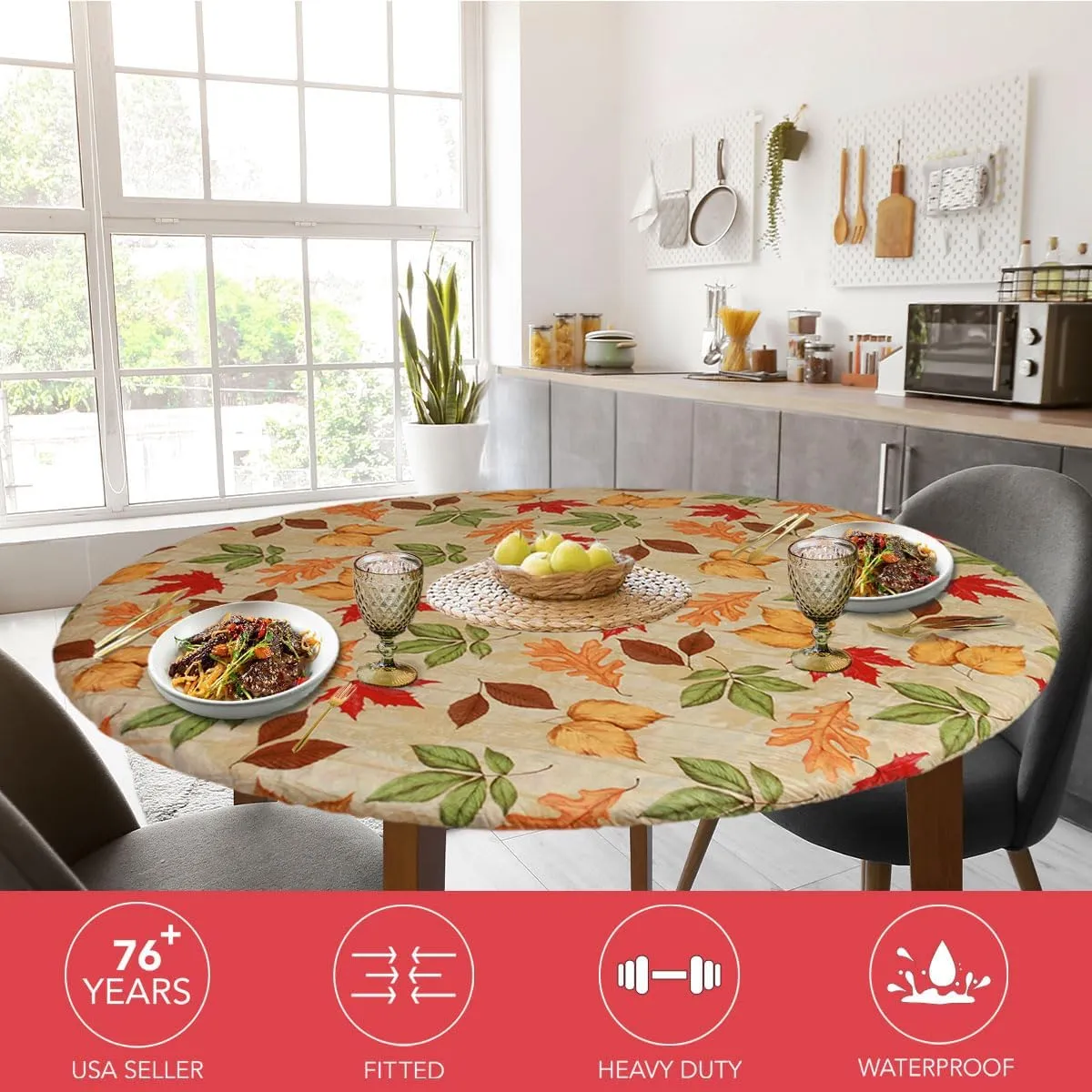 Covers For The Home Deluxe Elastic Edged Flannel Backed Vinyl Fitted Table Cover - All-Over Leaves Pattern - Small Round Oblong Oval - Fits Tables up to 40" - 44" Diameter