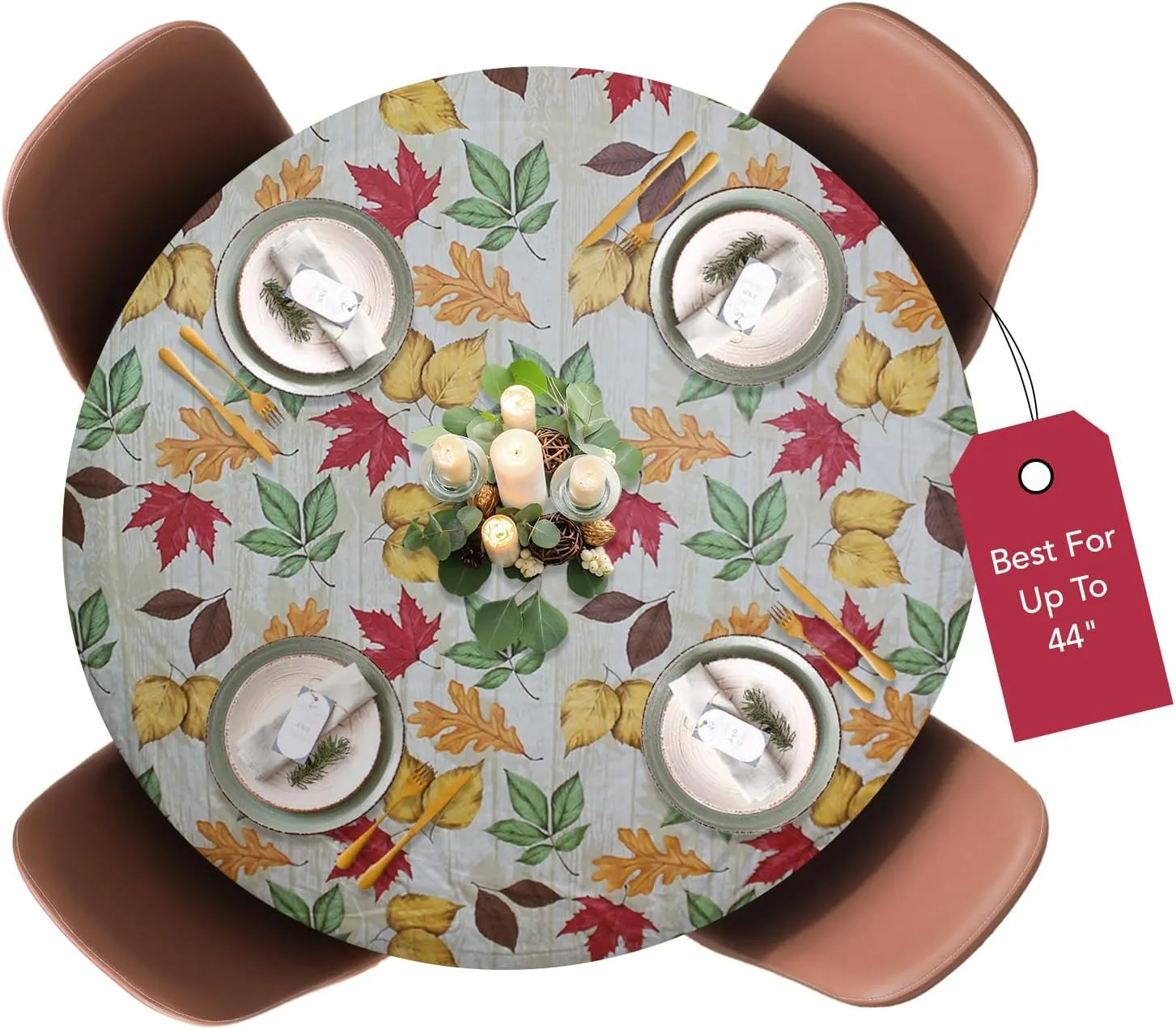 Covers For The Home Deluxe Elastic Edged Flannel Backed Vinyl Fitted Table Cover - All-Over Leaves Pattern - Small Round Oblong Oval - Fits Tables up to 40" - 44" Diameter