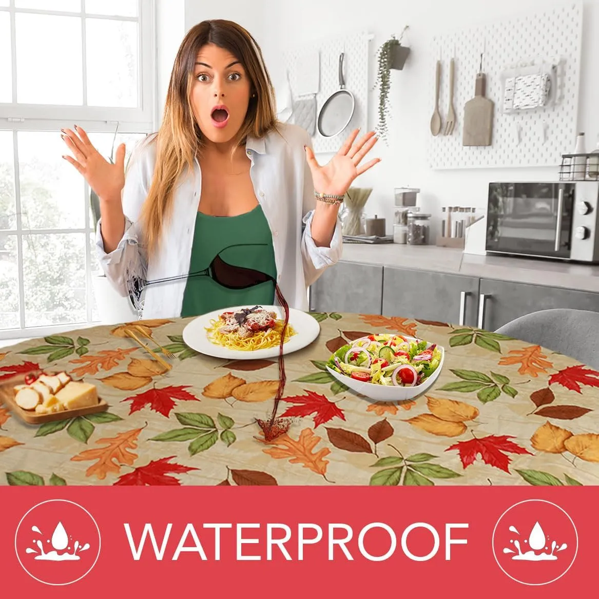 Covers For The Home Deluxe Elastic Edged Flannel Backed Vinyl Fitted Table Cover - All-Over Leaves Pattern - Small Round Oblong Oval - Fits Tables up to 40" - 44" Diameter